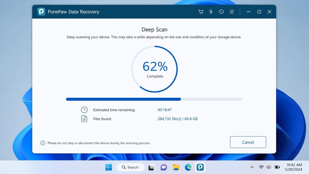 FonePaw Data Recovery deep-scan progress bar on Windows 11 showing 62 percent complete with an estimated time remaining and a running count of found files.