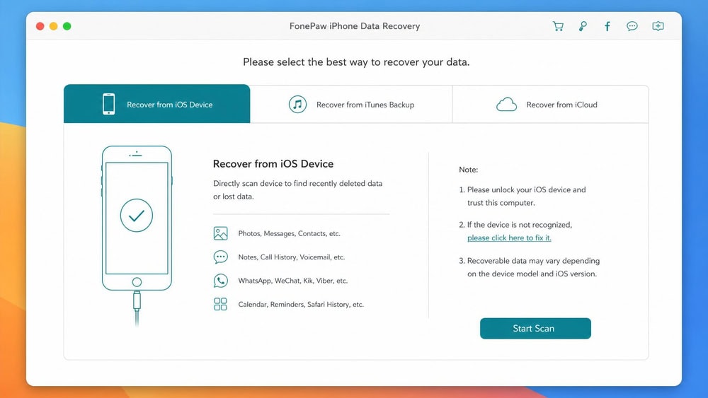FonePaw iPhone Data Recovery mode-selection screen on macOS offering Recover from iOS Device, Recover from iTunes Backup, and Recover from iCloud as three tabs.