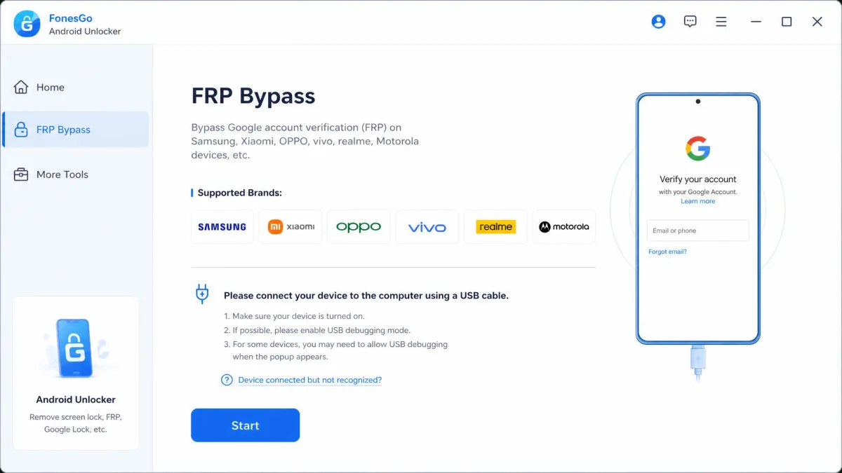 The FRP bypass screen in FonesGo Android Unlocker listing supported brands including Samsung, Xiaomi, and OPPO, with a Start button and USB instructions.