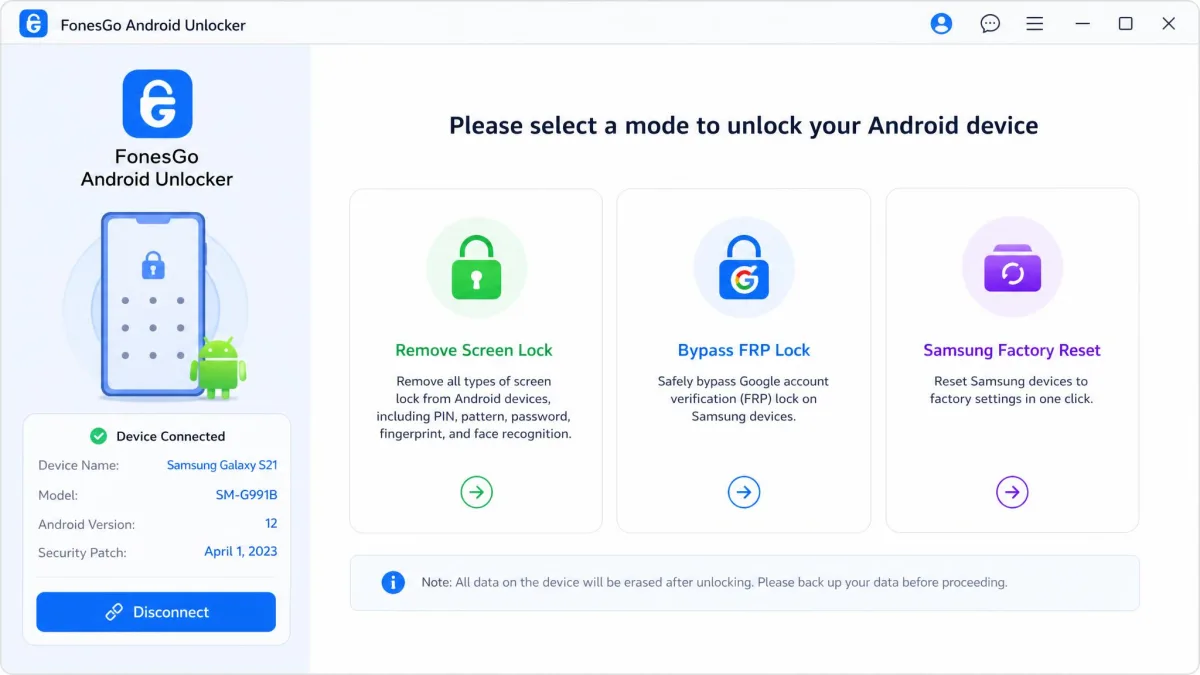 FonesGo Android Unlocker's main window showing the Remove Screen Lock, Bypass FRP Lock, and Samsung Factory Reset modes with a phone connection panel.