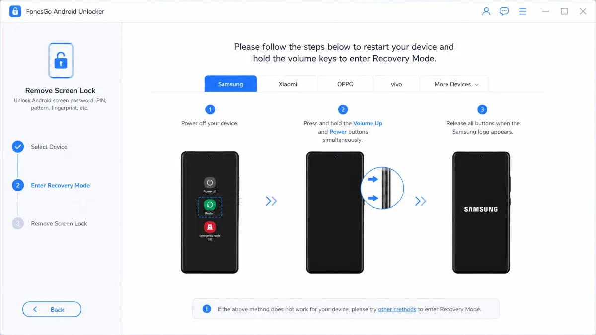 The step-by-step screen in FonesGo Android Unlocker prompting the user to restart the phone and hold the volume keys to enter recovery mode.