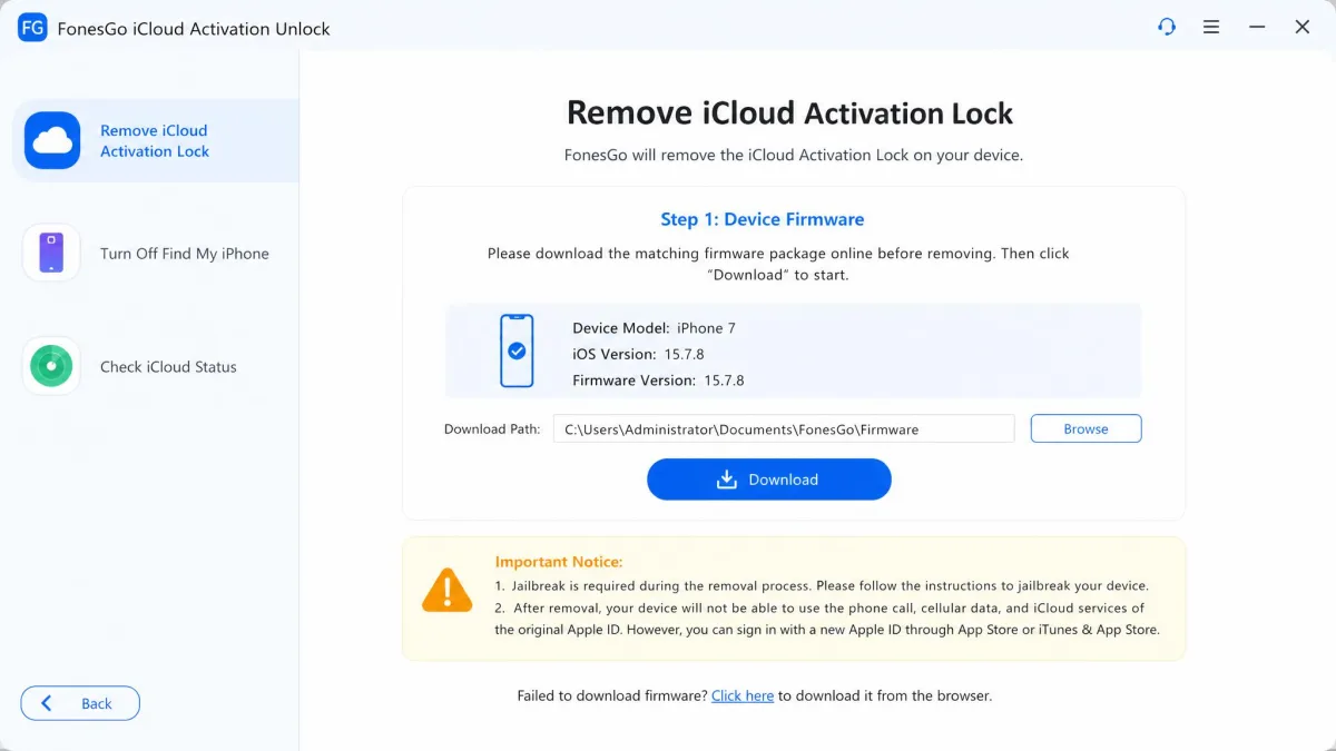 The FonesGo iCloud Activation Lock removal screen with the device firmware step and jailbreak warning.