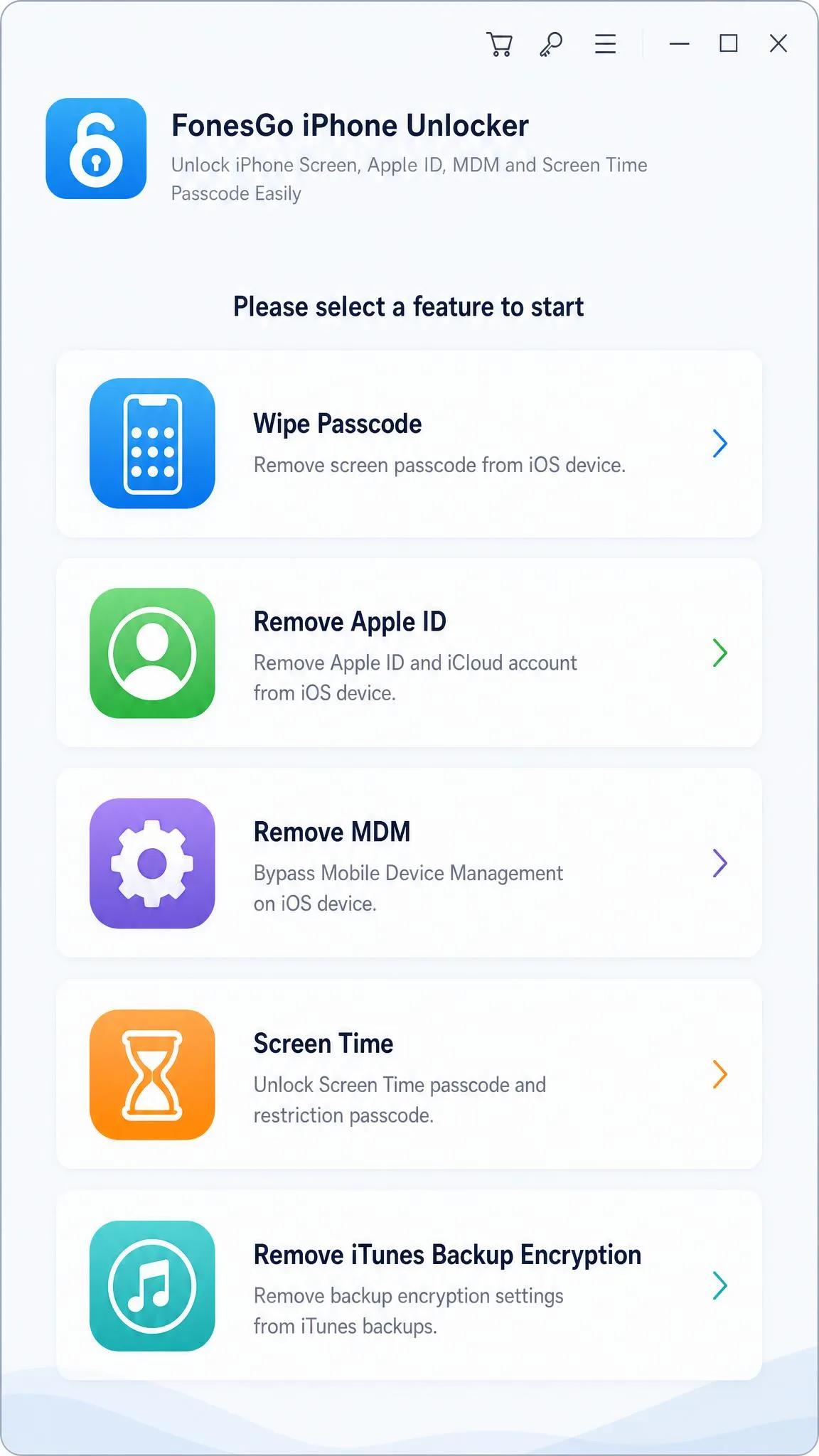 The FonesGo iPhone Unlocker main window listing the five unlock tools.