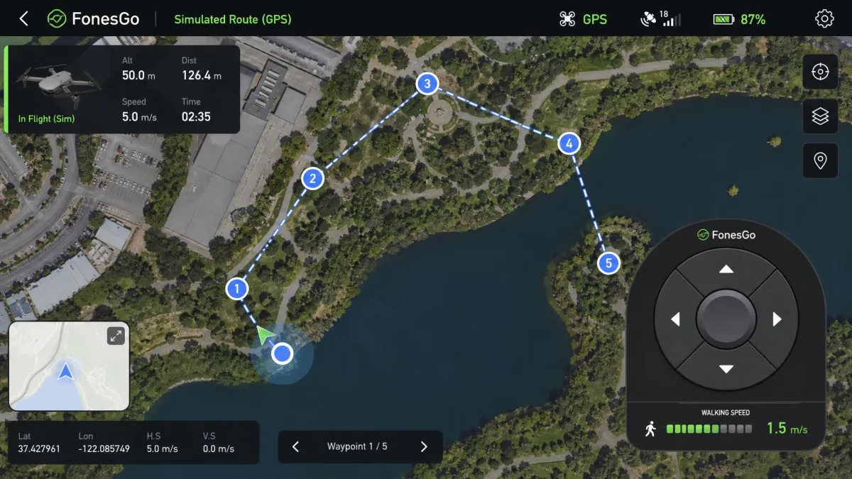 FonesGo joystick overlay in the lower right of the map view with a direction pad and a walking speed indicator during a simulated route.