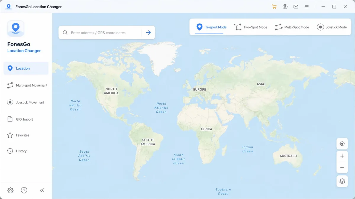 FonesGo Location Changer desktop app showing the world map view with the mode selector across the top right and a search box for entering a destination address.