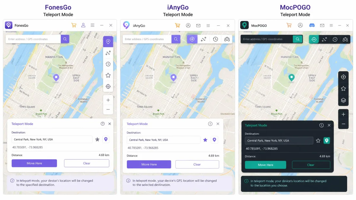 Side by side screenshots of the FonesGo, iAnyGo and MocPOGO desktop map interfaces showing each app's teleport mode and control panel layout.