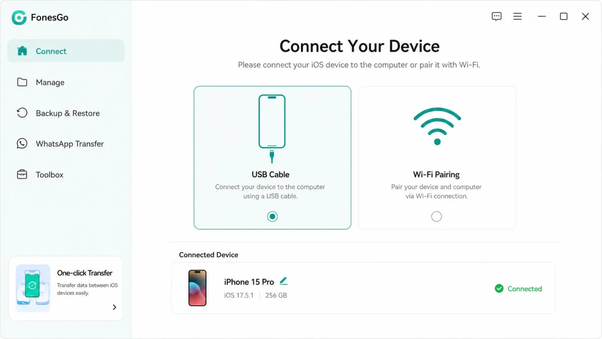 The FonesGo connection screen showing a choice between USB cable and Wi-Fi pairing, with a connected iPhone listed and a green Connected status indicator.