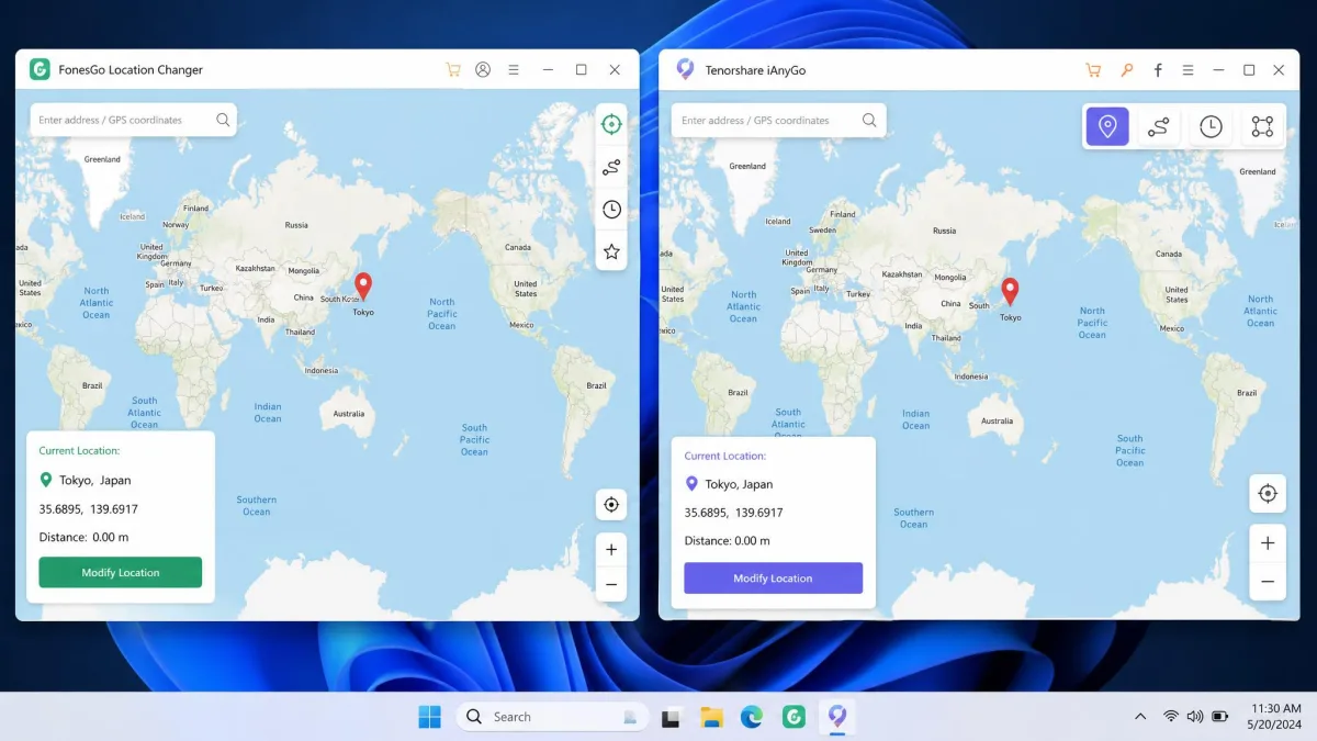 Two desktop windows side by side, FonesGo Location Changer on the left and Tenorshare iAnyGo on the right, each showing a world map with a red pin dropped on central Tokyo.