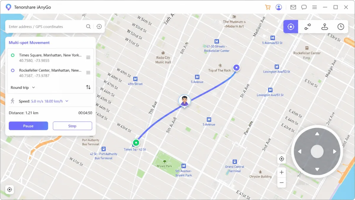 The Tenorshare iAnyGo desktop map with the circular joystick overlay in the lower right corner and an avatar mid-route on a city street grid.