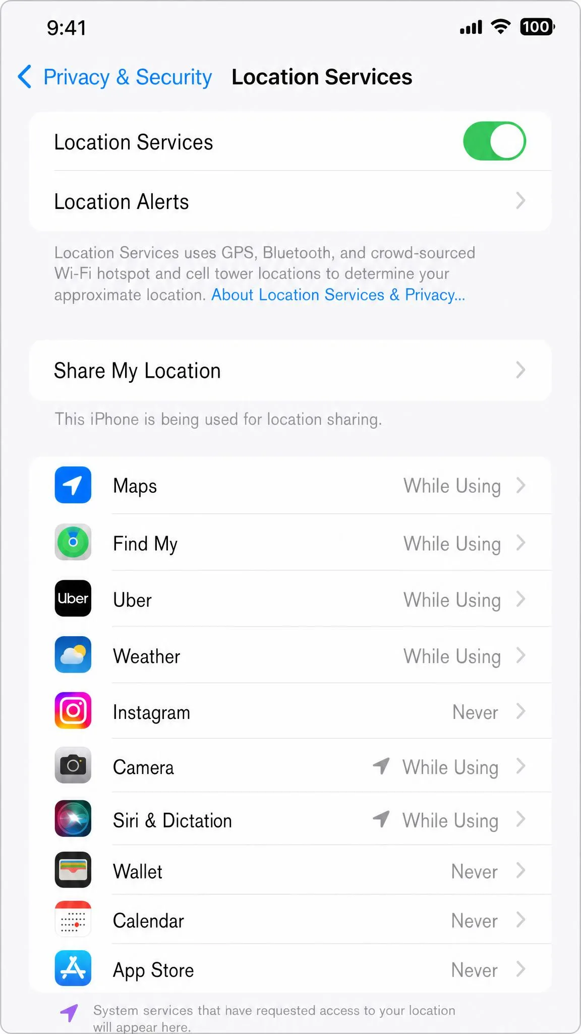 An iPhone Settings screen showing Privacy and Security, Location Services, with a list of apps and their access levels including While Using and Never.