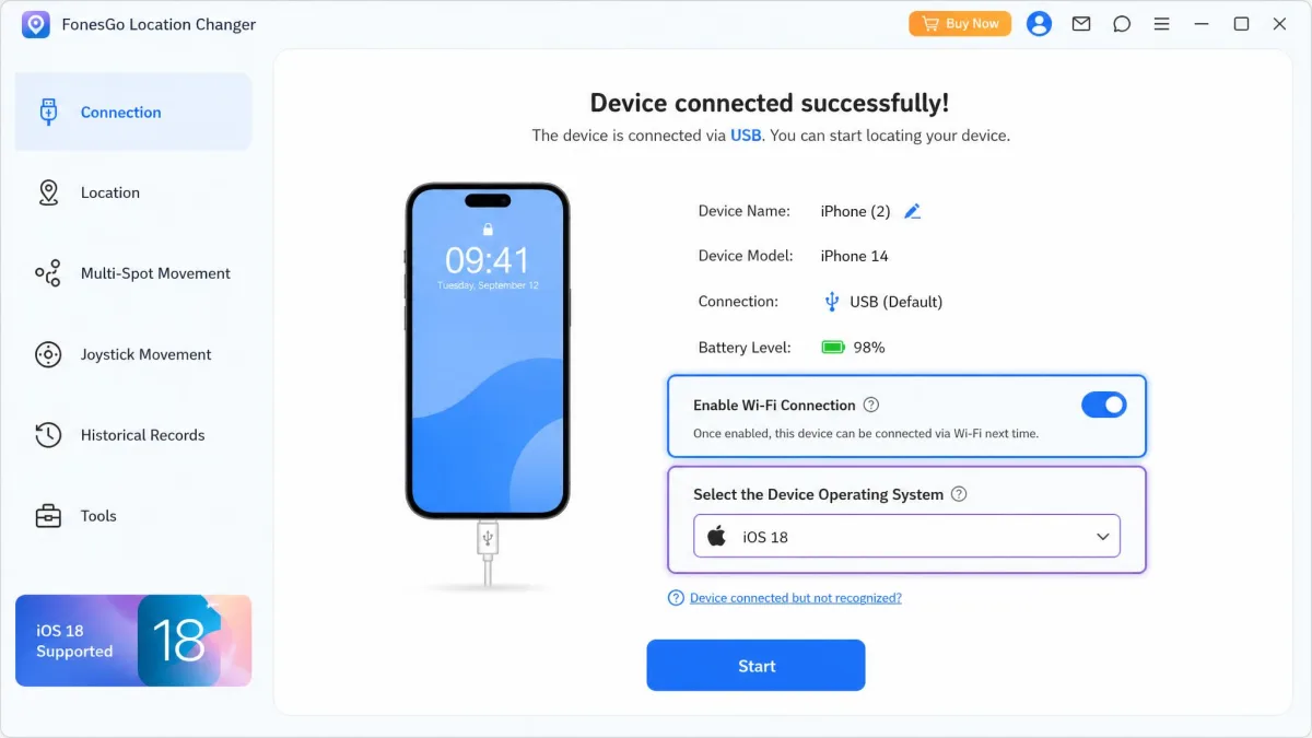 The FonesGo Location Changer connection screen showing an iPhone detected over USB, with the Wi-Fi connection toggle and the device operating system selector highlighted.
