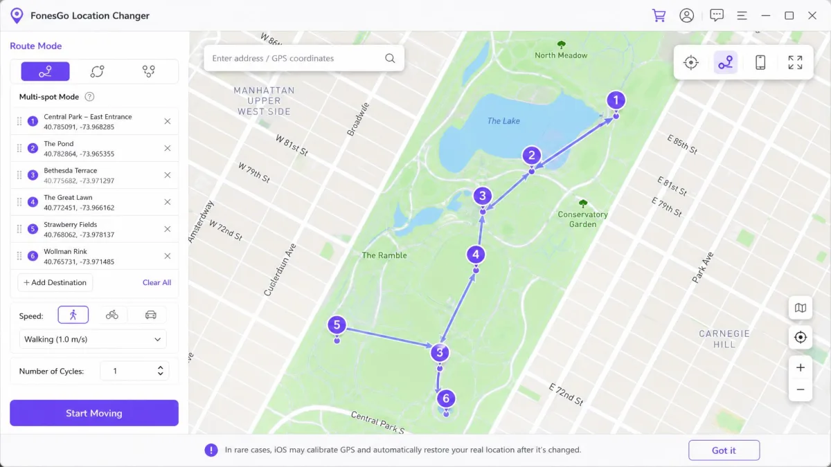 The FonesGo Location Changer map with six numbered waypoints clicked across a park, forming a multi-spot route, and the speed preset set to walking.