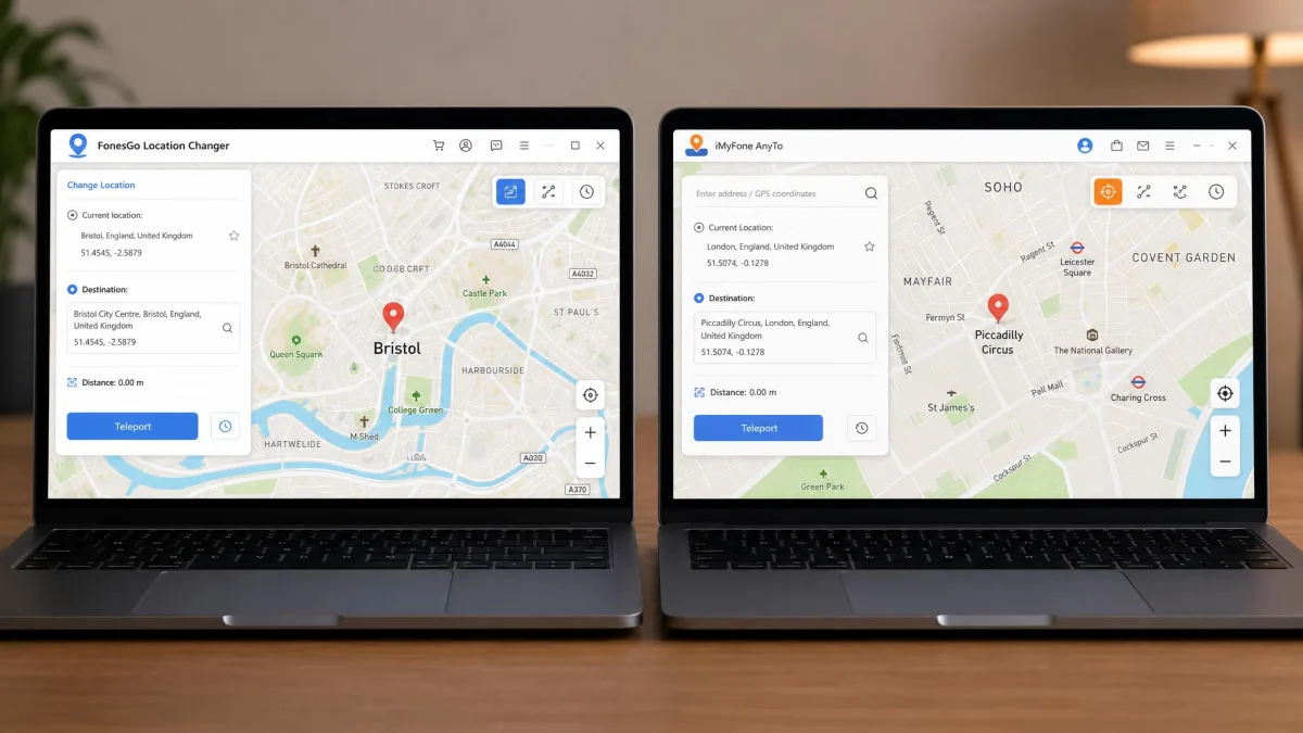 Two laptop screens side by side showing the FonesGo Location Changer map view on the left and the iMyFone AnyTo map view on the right, each with a dropped pin over a city centre and a teleport button visible.