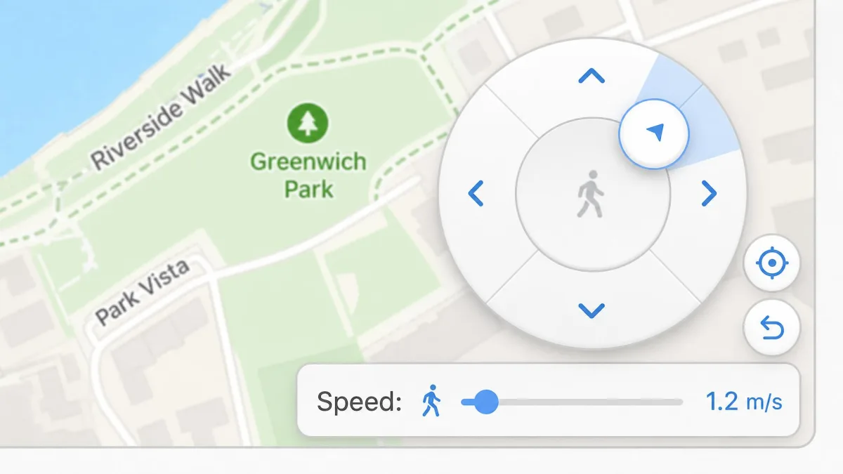Close-up of the iMyFone AnyTo joystick control in the lower right of the map, with the centre circle dragged toward the north-east and the walking speed slider set just above the minimum.