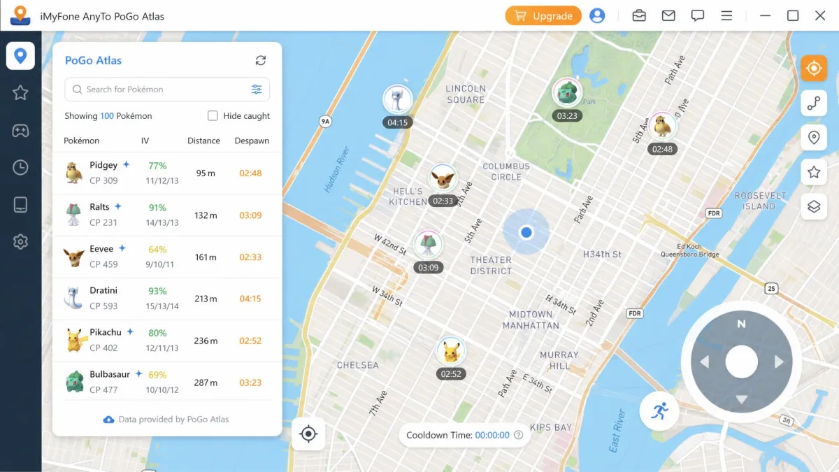 The iMyFone AnyTo PoGo Atlas panel open over a city map, listing nearby Pokemon spawns with IV values while the joystick sits ready in the corner.