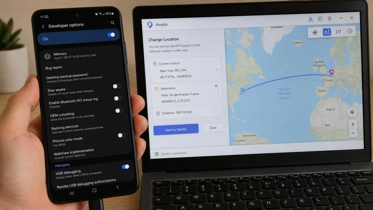 An Android phone settings screen with Developer options open and the USB debugging toggle switched on, held next to a laptop running location changer software.