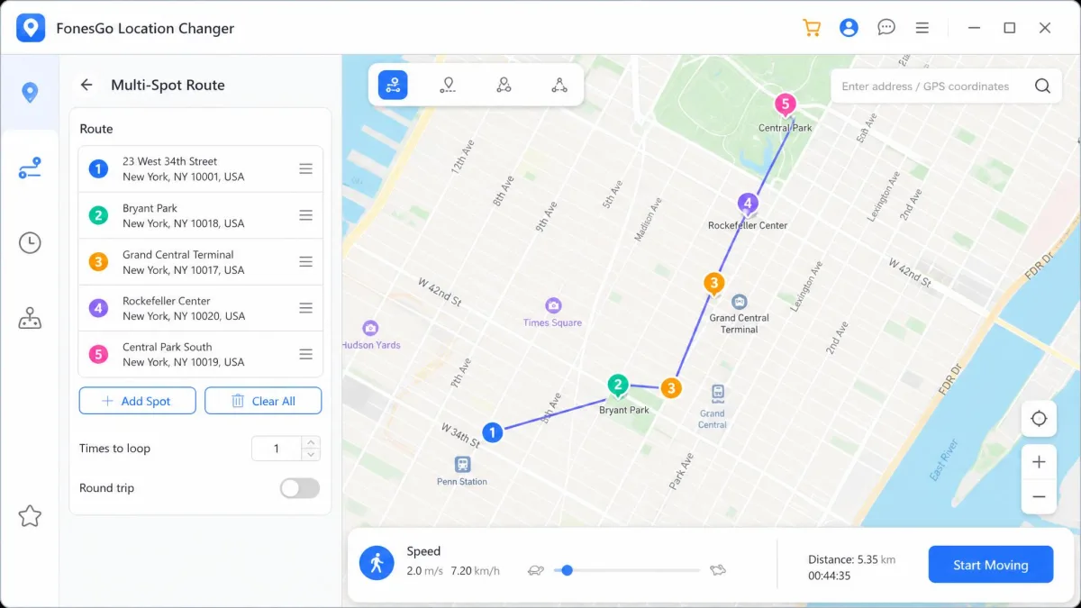 FonesGo Location Changer's multi-spot route screen showing five numbered waypoints connected along a city street with a walking speed slider set near the low end.