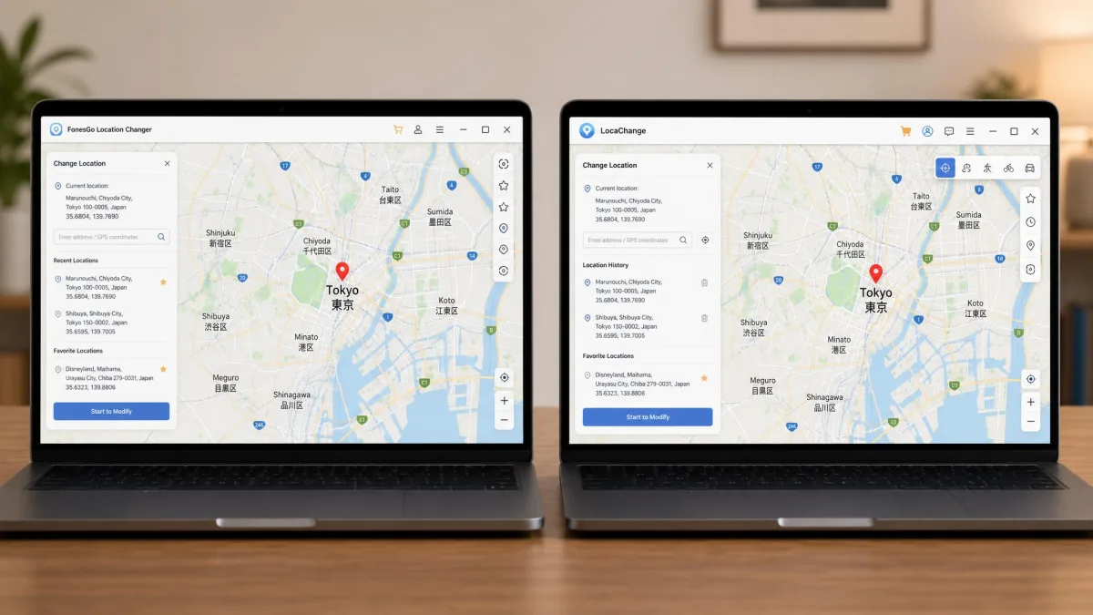 Two laptop screens side by side showing the FonesGo Location Changer map view on the left and the LocaChange map view on the right, both with a pin dropped on central Tokyo.