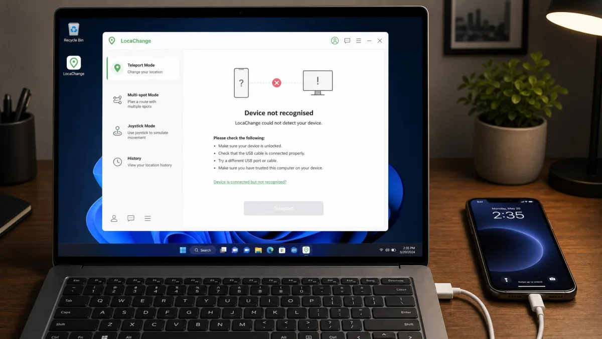 A LocaChange desktop window showing a device-not-recognised connection error, with a greyed-out teleport button and an iPhone plugged in by USB beside the laptop.