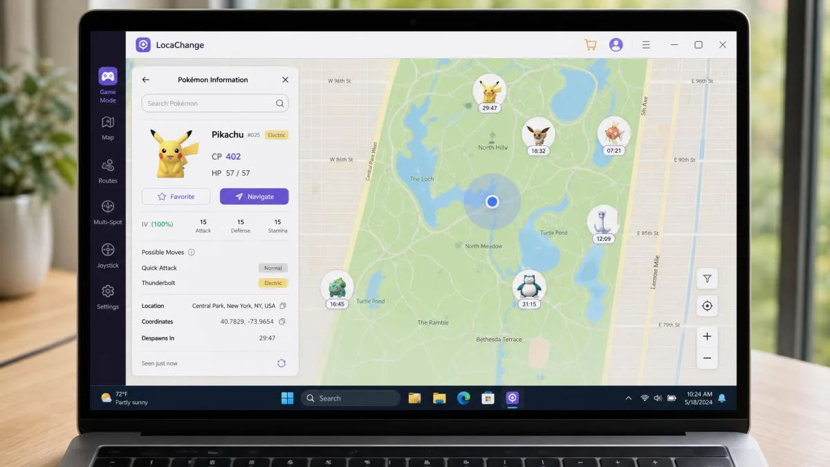 LocaChange's game mode screen on a Windows laptop showing the Pokemon information search panel open beside a map of a city park with several spawn markers.