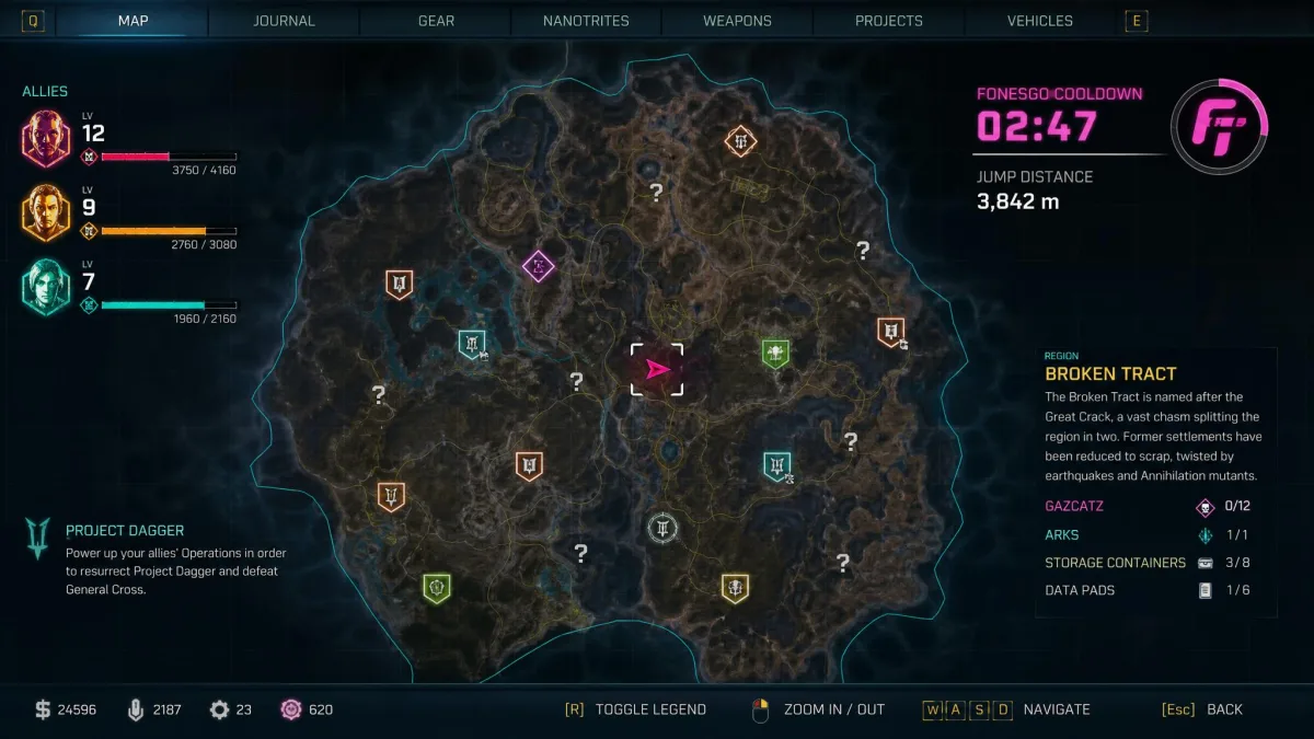 The FonesGo cooldown timer counting down in the corner of the map screen after a long-distance teleport, with the jump distance shown beside it.