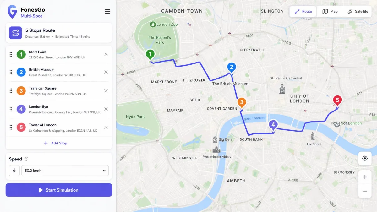 FonesGo's Multi-Spot route planner with five numbered pins joined across a city map and the speed field set below the route list.