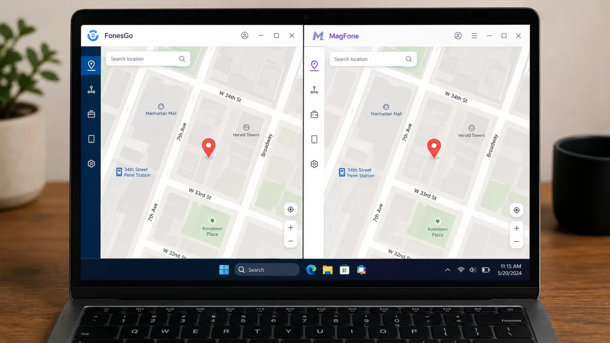 The FonesGo and MagFone desktop map screens shown side by side on a Windows laptop, each with a search bar at the top left and a red location pin dropped on the same city block.
