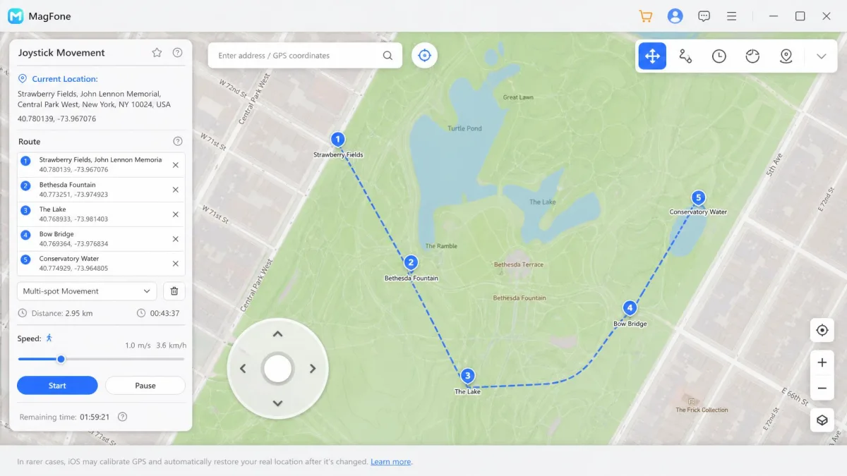 MagFone's joystick control overlay on the desktop map, with a multi-spot route drawn across a park and the speed slider set to walking pace.