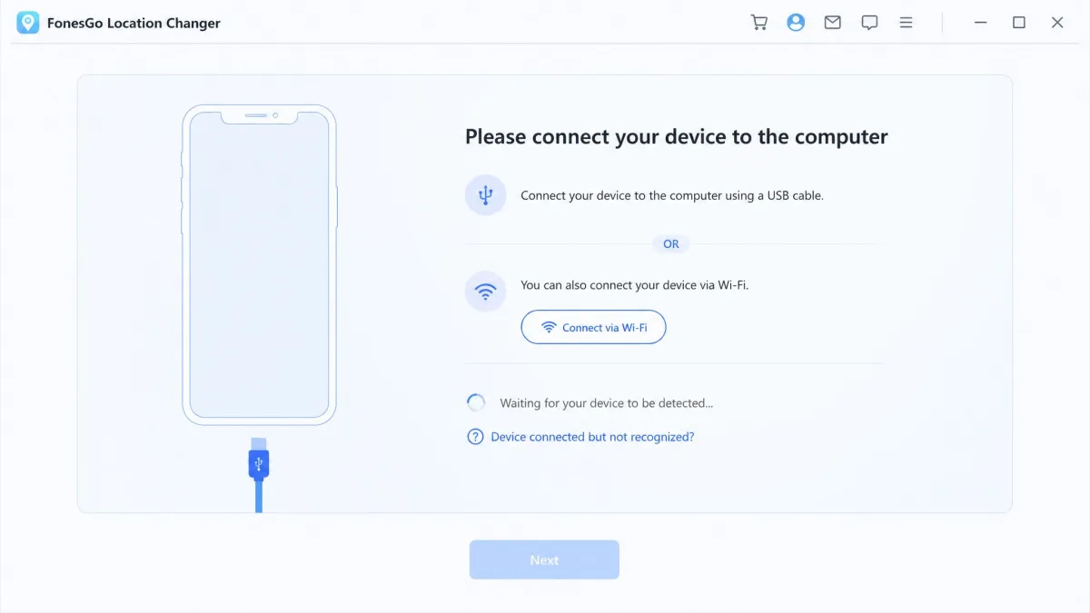 The FonesGo Location Changer connection screen showing a phone outline, a USB cable icon, a Wi-Fi alternative button, and a Next control waiting for the device to be detected.