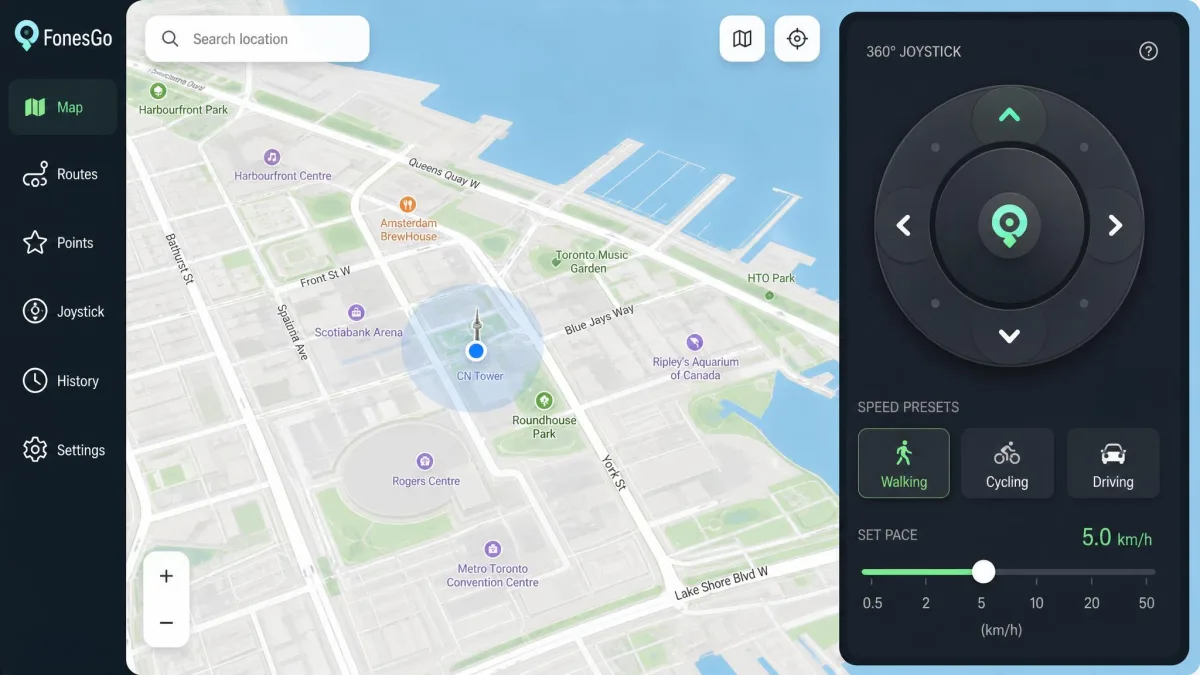 FonesGo's 360-degree joystick pad on the right of the map view, with walking, cycling and driving speed presets and a slider showing a set pace in kilometres per hour.