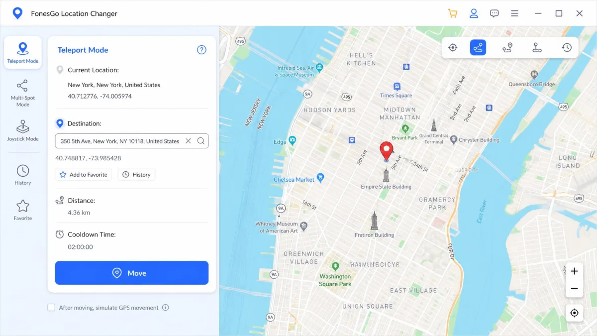 FonesGo Location Changer in teleport mode with a city address typed into the search box, a red pin dropped on the map, and a Move button highlighted in the side panel.