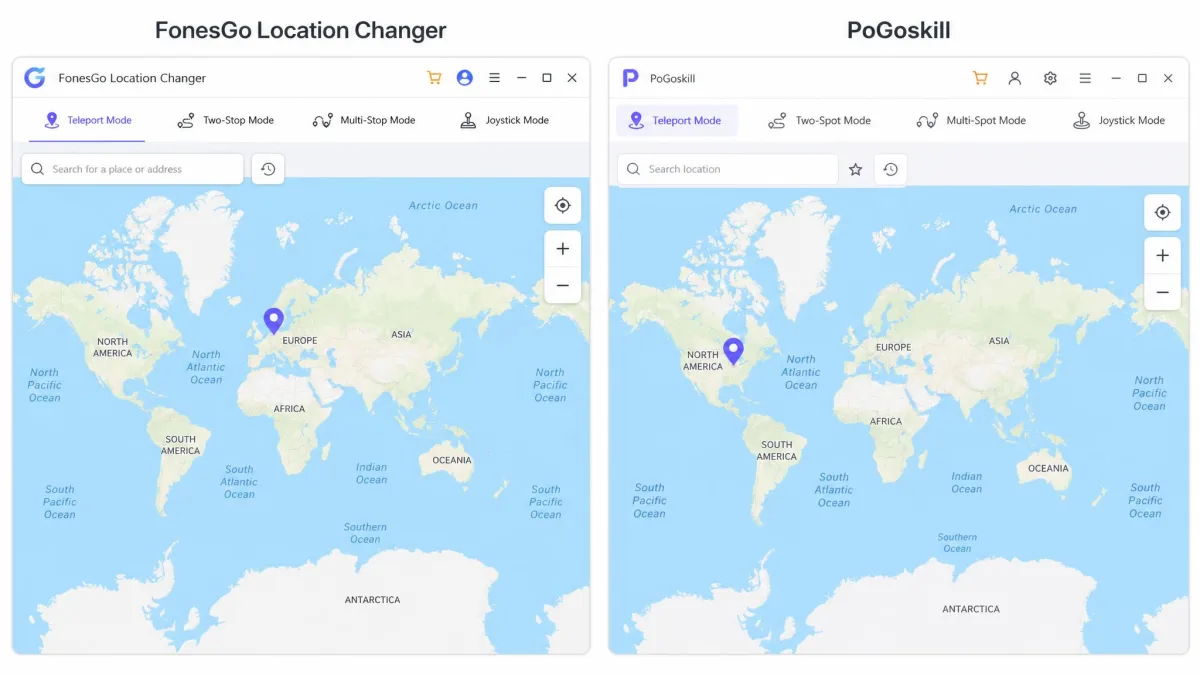 Side-by-side screenshots of the FonesGo Location Changer and PoGoskill desktop map windows, each showing a search bar, a world map with a placed pin, and the mode selector row along the top.