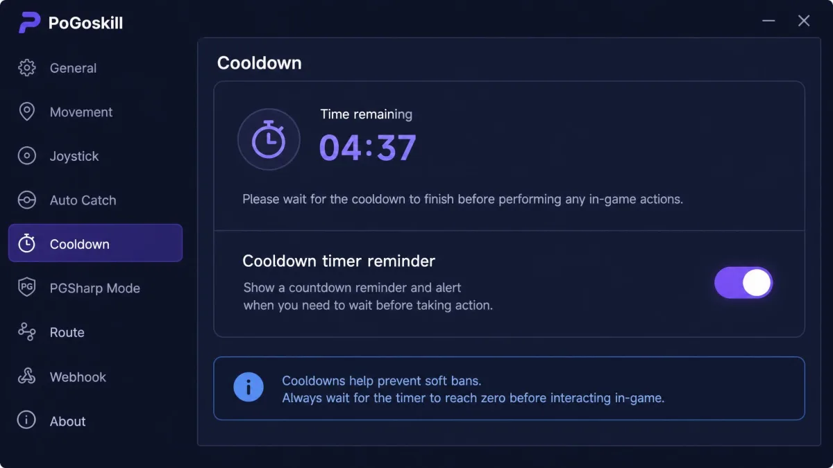 PoGoskill's settings panel showing the cooldown timer reminder toggle switched on, with a countdown readout above it and a note about waiting before in-game actions.