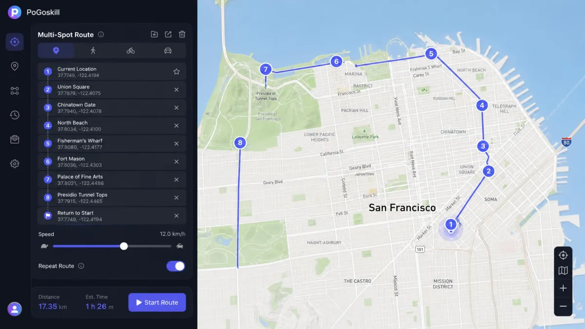PoGoskill's multi-spot route planner with a numbered chain of waypoints laid along city streets, a speed slider at the bottom of the panel, and a repeat-route toggle enabled.