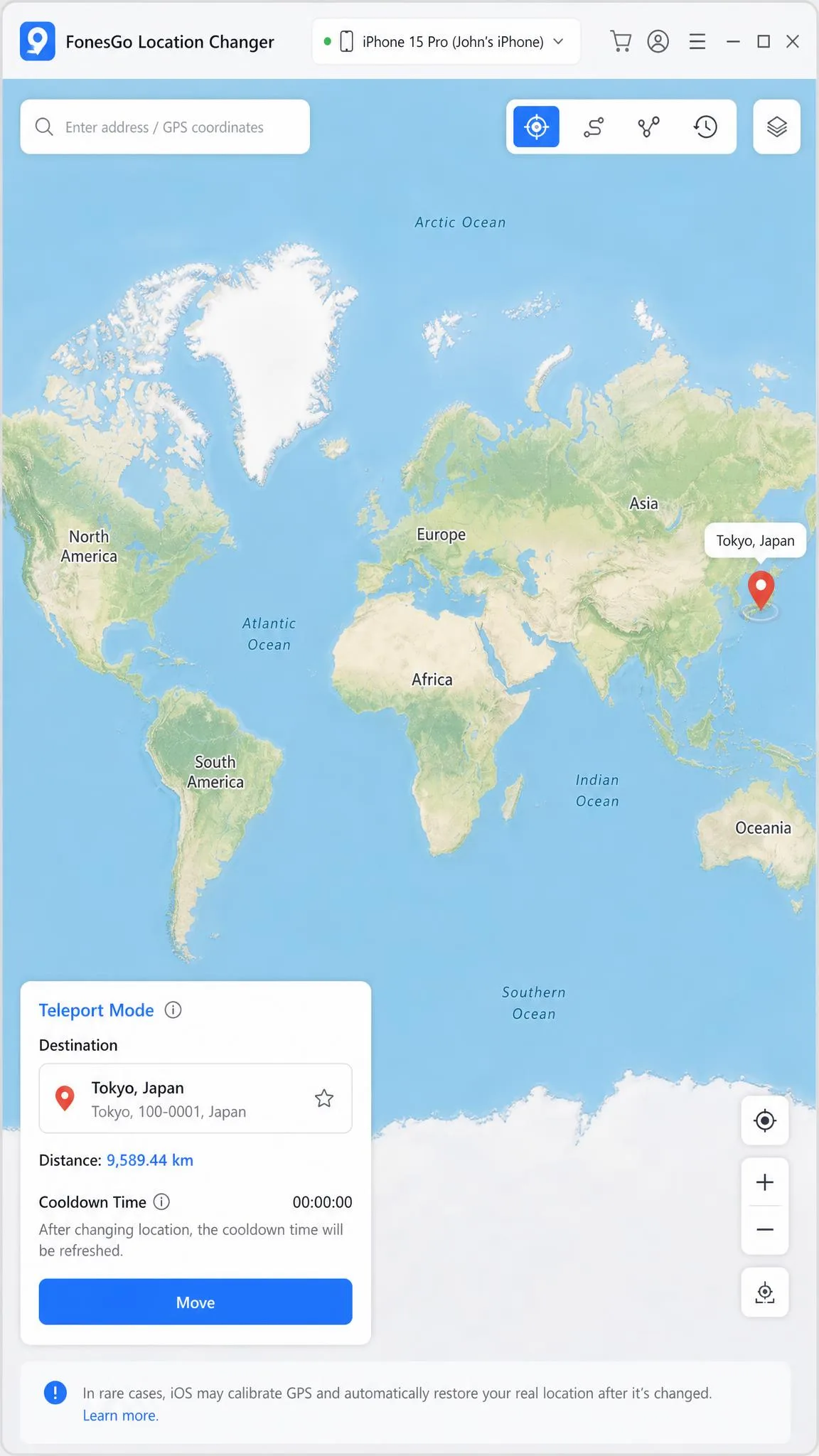 FonesGo Location Changer desktop window showing the world map in teleport mode with a destination pin dropped in Tokyo and the connected iPhone name in the top bar.