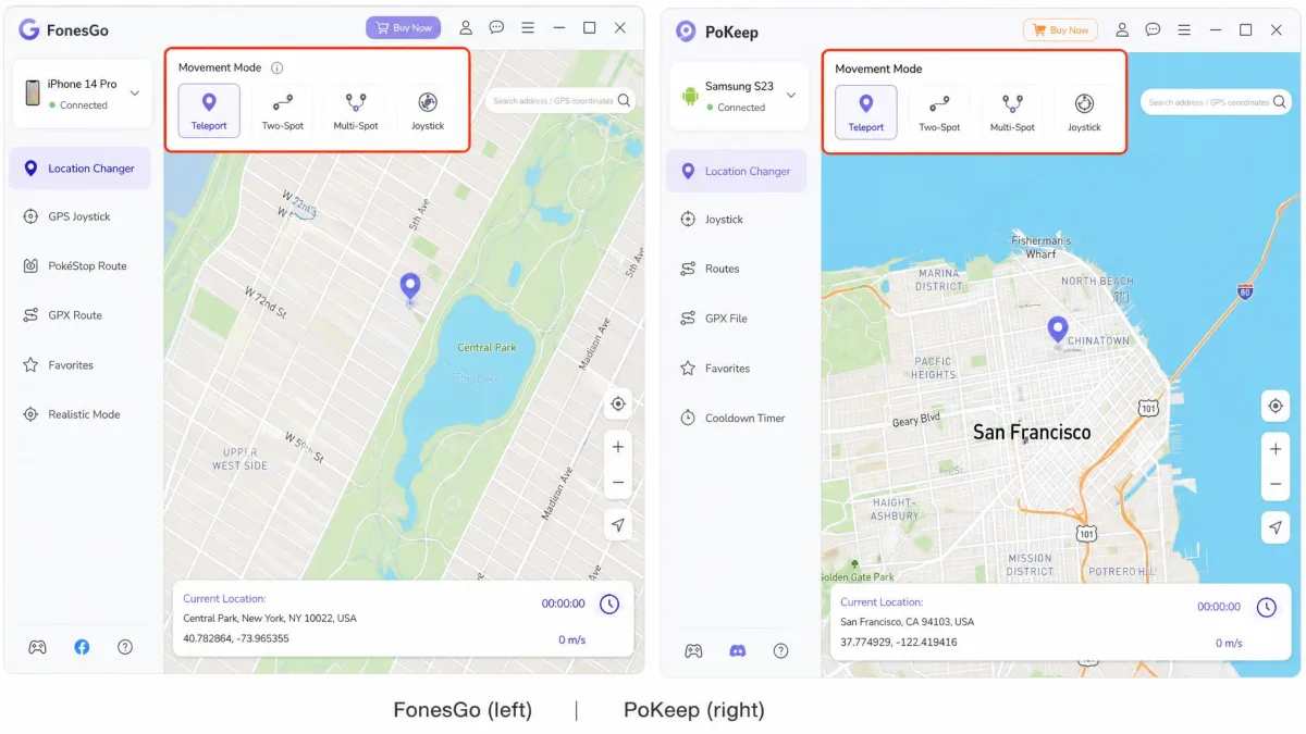 Side-by-side screenshot of the FonesGo and PoKeep desktop map screens with their movement mode toolbars highlighted, showing teleport, two-spot, multi-spot and joystick icons.