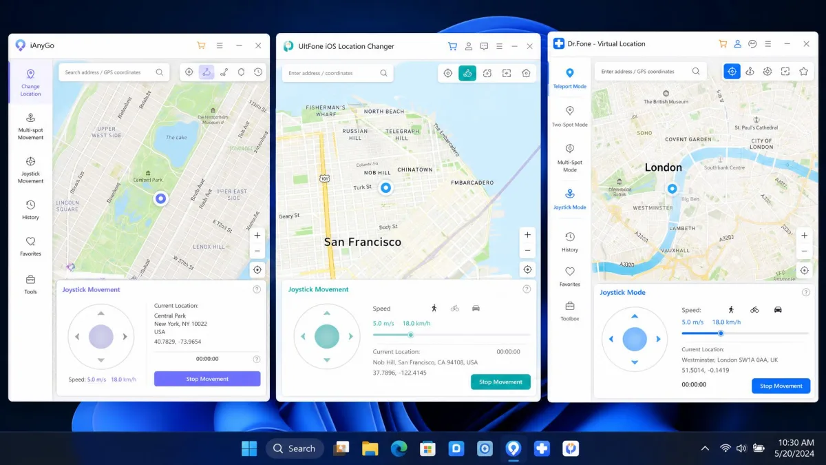 Three GPS location changer desktop apps open side by side on a monitor, each showing a map with a joystick control, illustrating alternatives to FonesGo and PoKeep.