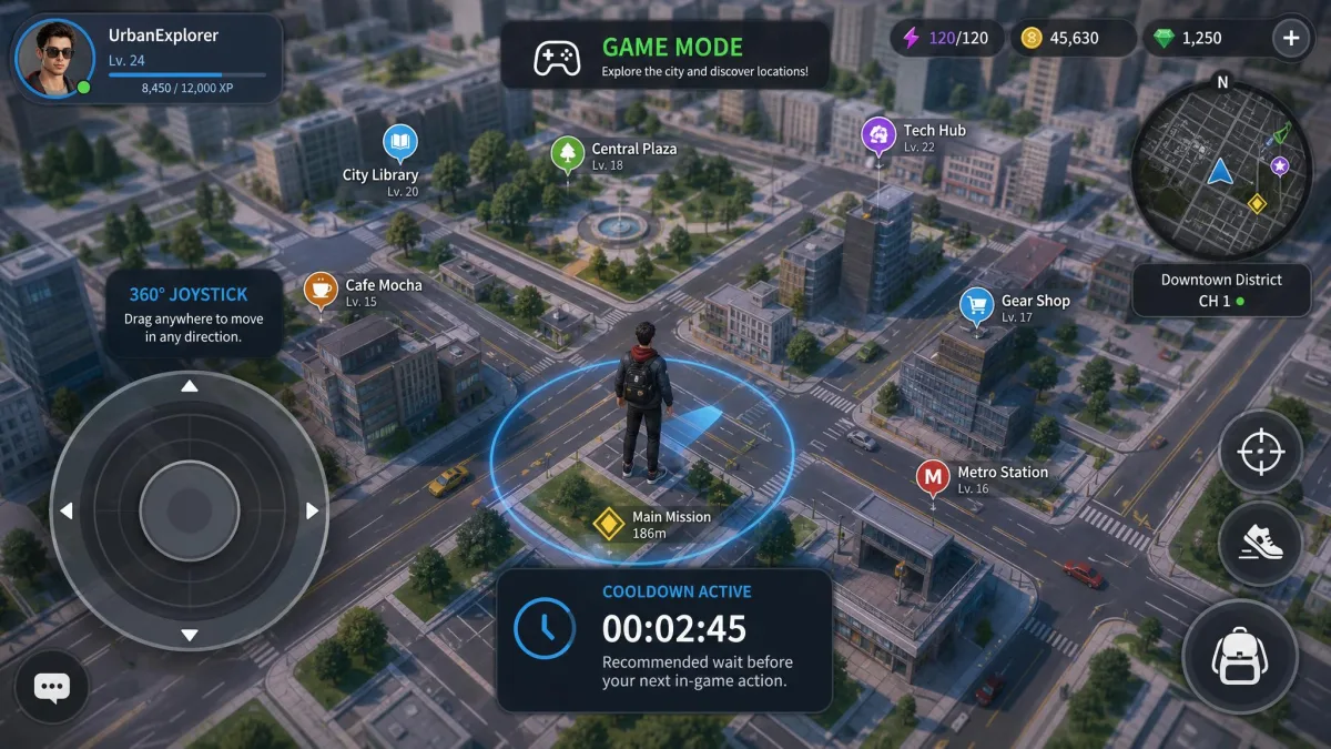 PoKeep in Game Mode with the on-screen 360-degree joystick active over a city map and a cooldown timer panel showing the recommended wait before the next in-game action.