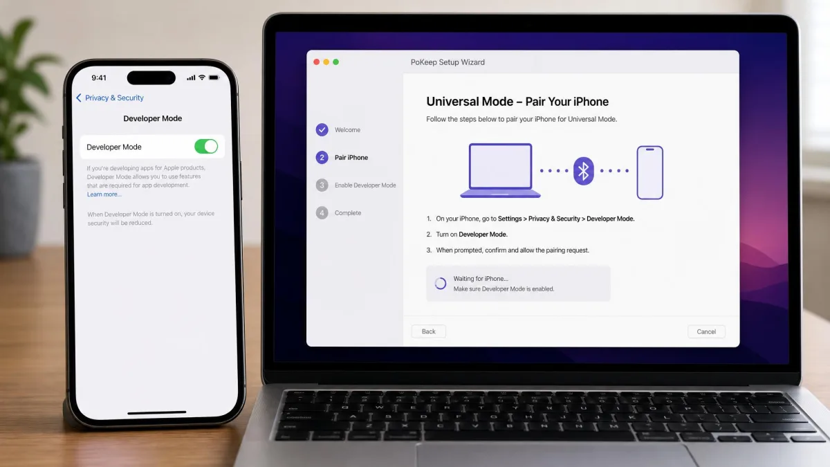 iPhone Settings screen showing Developer Mode being switched on next to a laptop running the PoKeep setup wizard, illustrating the pairing step for Universal Mode.