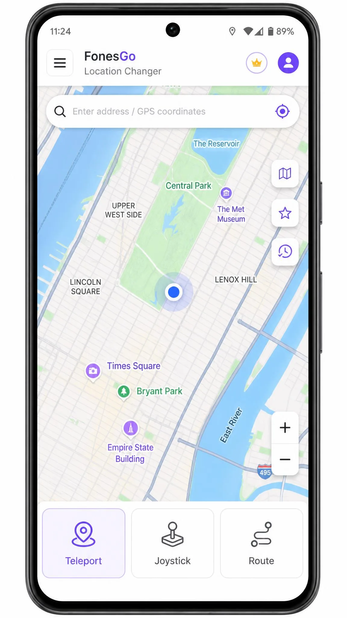 The FonesGo Location Changer Android app open on a phone, showing the map view with teleport, joystick and route mode buttons along the bottom bar.