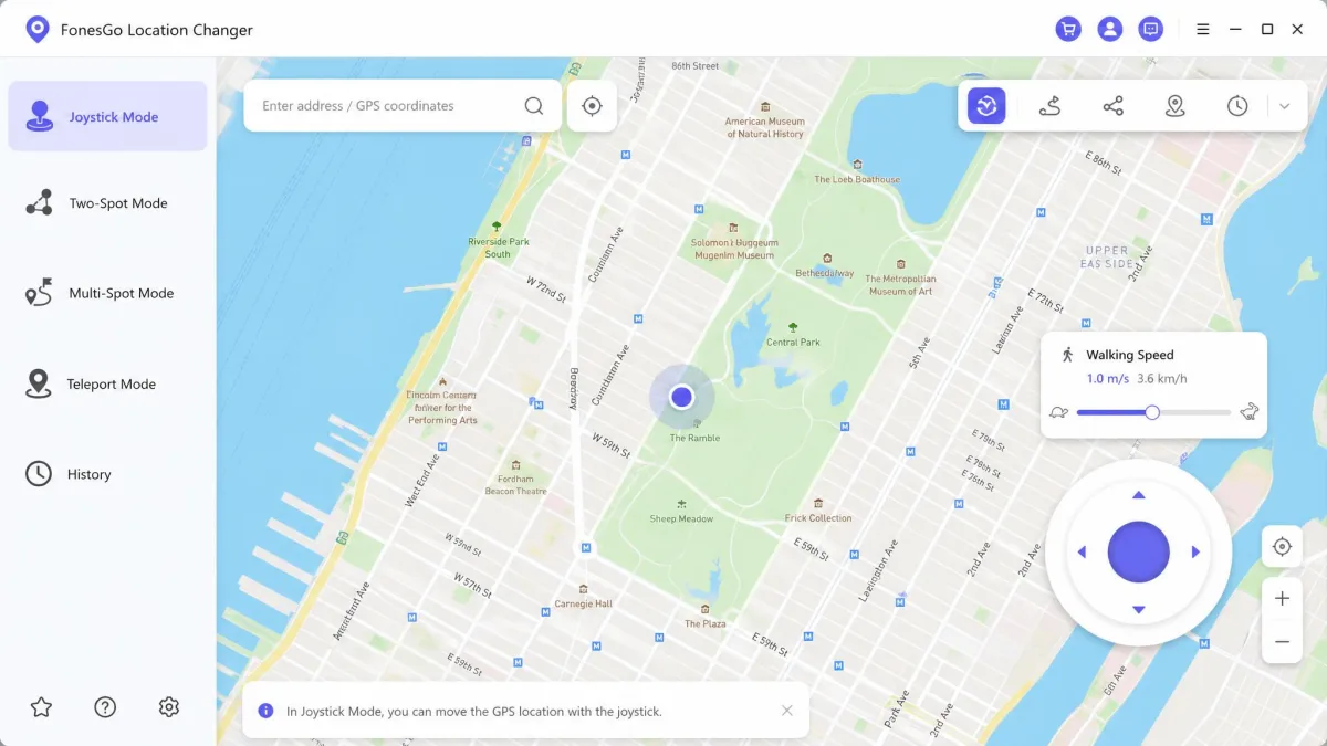 FonesGo Location Changer's joystick mode with a circular 360-degree direction control in the lower right corner of the map and a walking speed slider above it.