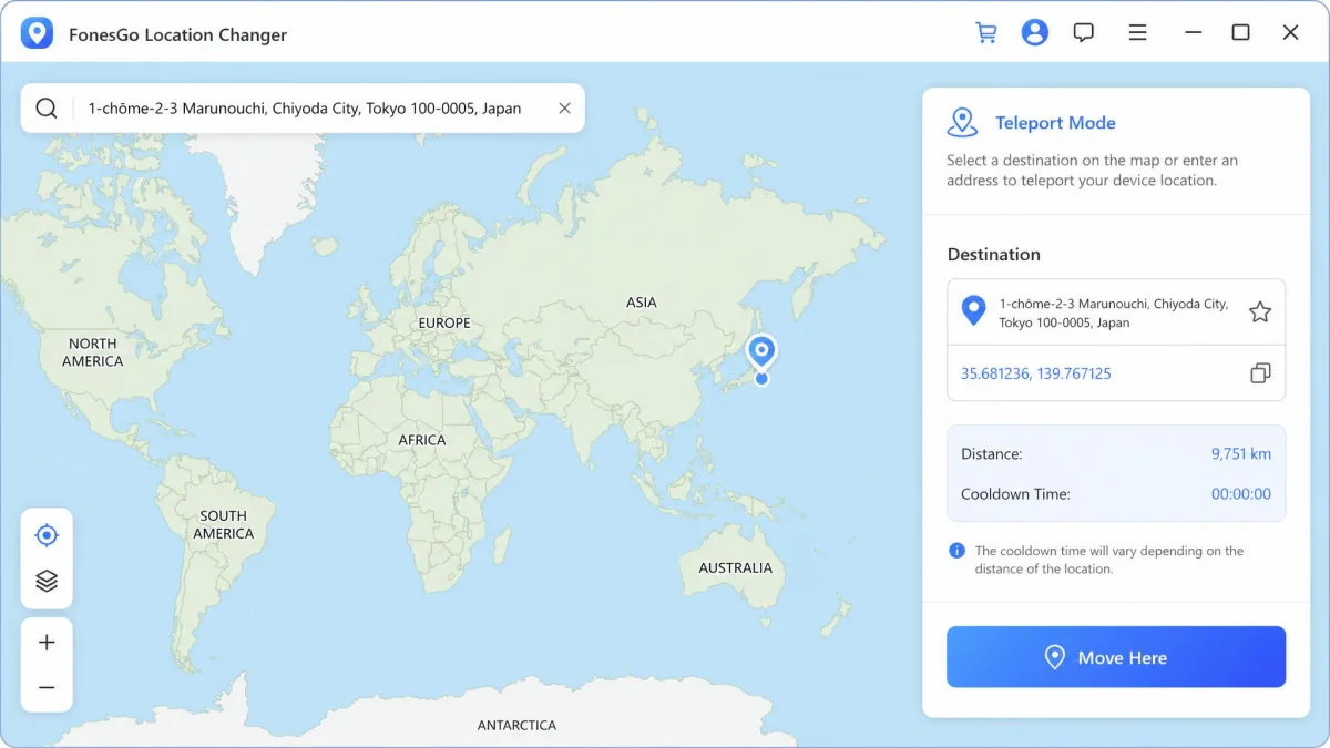 FonesGo Location Changer's teleport screen with a world map, a search box holding a Tokyo address, and a Move Here confirmation button in the lower right panel.