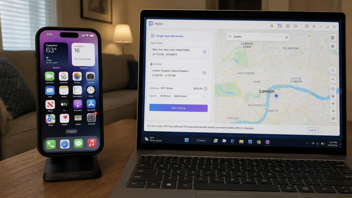 An iPhone home screen next to a laptop running a location changer, with the Maps app showing a blue dot in a different city from the room the phone is sitting in.