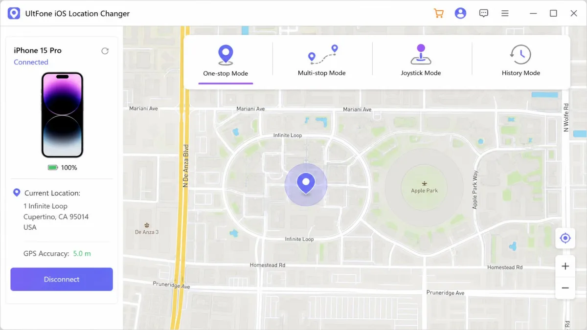 UltFone iOS Location Changer desktop client on Windows showing a connected iPhone in the sidebar and the four movement mode icons across the top toolbar.