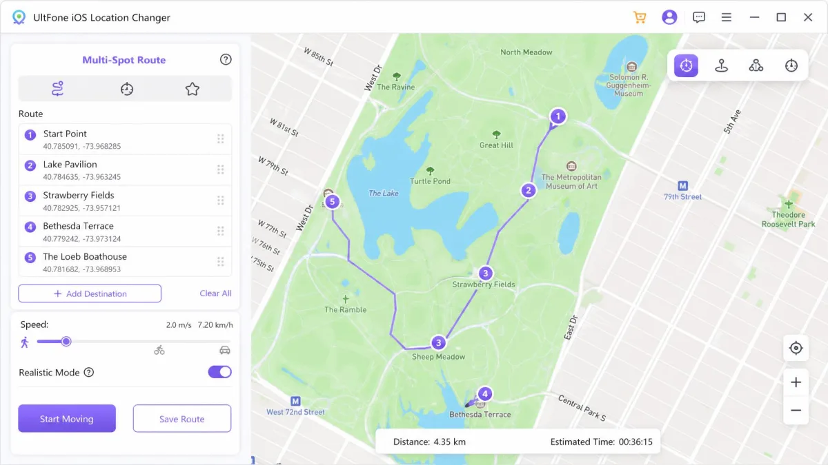 UltFone iOS Location Changer's multi-spot route screen showing five numbered waypoints across a city park with a speed slider set to walking pace in the sidebar.