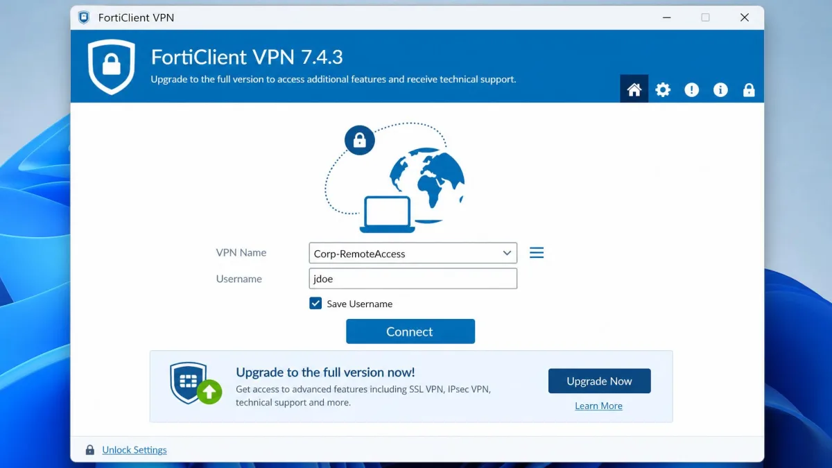 The free FortiClient VPN 7.4.3 window on Windows 11 showing a saved remote access profile, the Connect button and the upgrade-to-full-version banner.