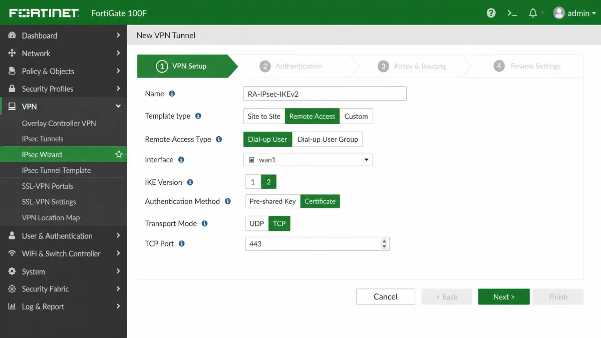 The FortiGate VPN wizard for a Remote Access dial-up IPsec tunnel set to IKE version 2, with certificate authentication selected and the TCP port 443 transport option.