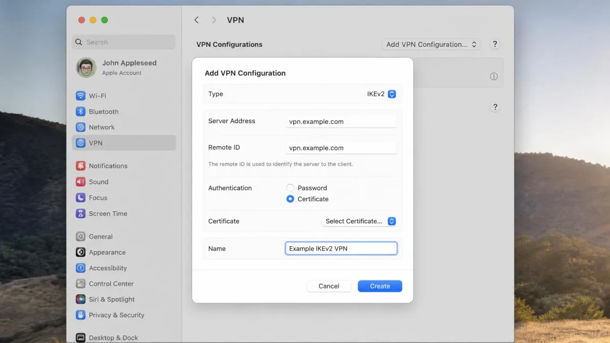 The macOS System Settings VPN pane with Add VPN Configuration open and IKEv2 selected, showing server address, remote ID and certificate authentication fields.
