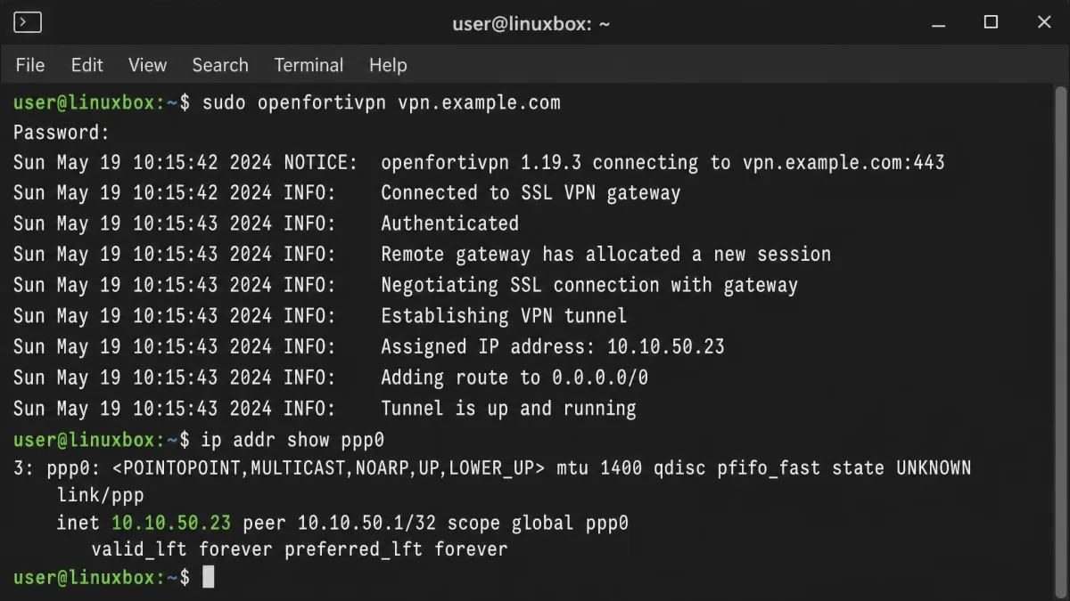 A Linux terminal running openfortivpn against a FortiGate SSL VPN gateway, with the log lines ending in "Tunnel is up and running" and the ppp0 interface address shown.