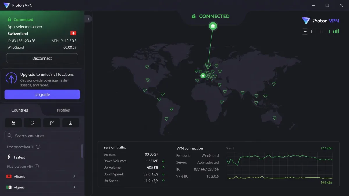 The Proton VPN Windows app on the Free plan, connected to an app-selected server, with the green Connected status and the Upgrade button visible.